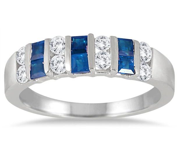 PRINCESS CUT SAPPHIRE AND WHITE TOPAZ RING IN .925 STERLING SILVER