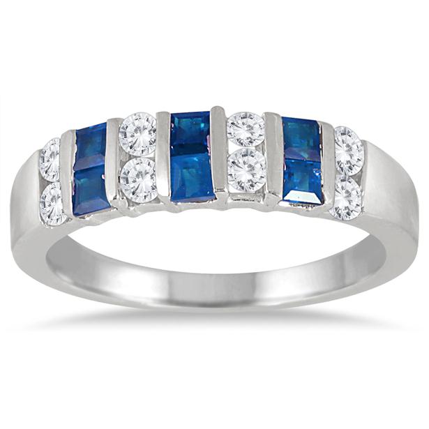 PRINCESS CUT SAPPHIRE AND WHITE TOPAZ RING IN .925 STERLING SILVER